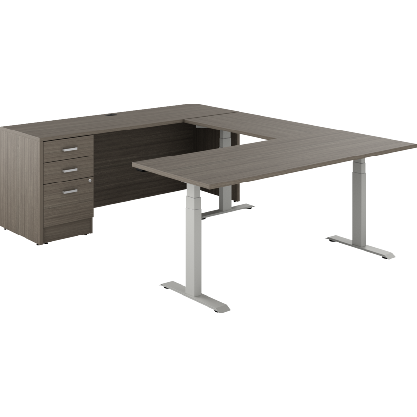 Offices to Go® Newland™ U-Shaped Desk with 3-Stage Height Adjustable Table and Box/box/file pedestal 72"W x 95"D x 29-3/5"H Tungsten/Absolute Acajou finish