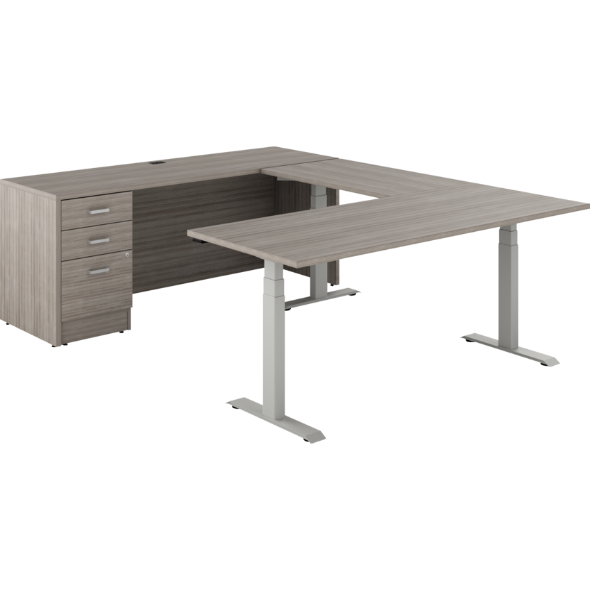 Offices to Go® Newland™ U-Shaped Desk with 3-Stage Height Adjustable Table and Box/box/file pedestal 72"W x 95"D x 29-3/5"H Tungsten/Noce Grigio finish