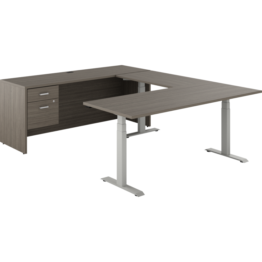 Offices to Go® Newland™ U-Shaped Desk with 3-Stage Height Adjustable Table and Hanging box/file pedestal 72"W x 95"D x 29-3/5"H Tungsten/Absolute Acajou finish