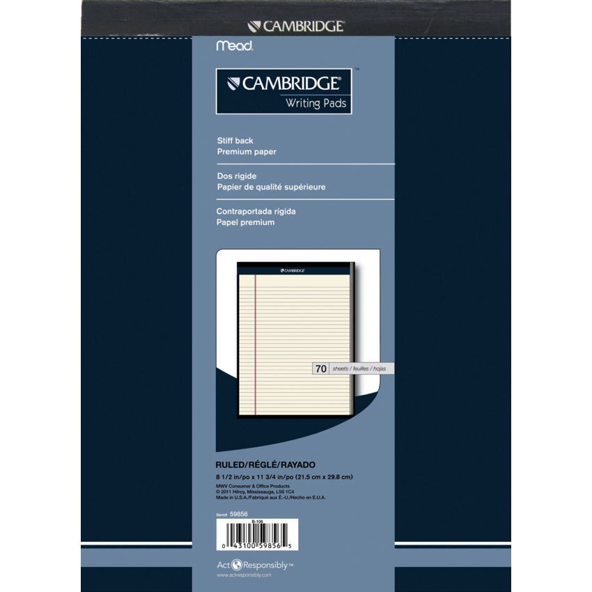 Cambridge® Perforated Office Pad Ruled 8-1/2x11-3/4" Ivory 70shts/pad