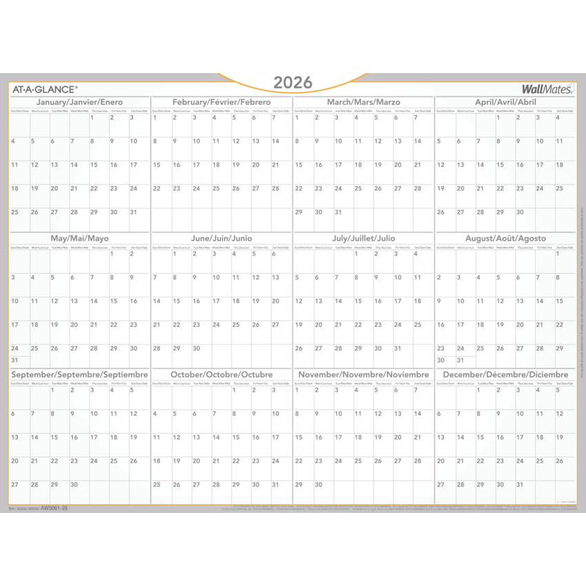 AT-A-GLANCE® WallMates™ Self-Adhesive Dry Erase Yearly Calendar 18" x 24" Trilingual