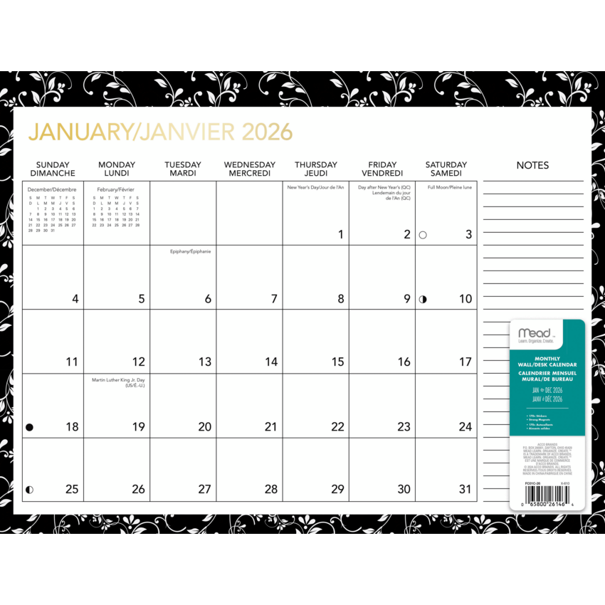 Mead® Scroll Family Monthly Desk/Wall Calendar 17" x 13" Bilingual Black/White
