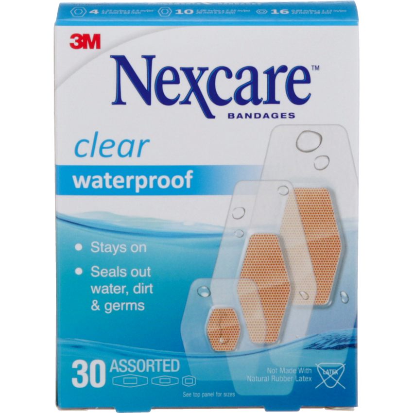 3M™ Nexcare™ Waterproof Transparent Bandages Assorted Sizes 30/box