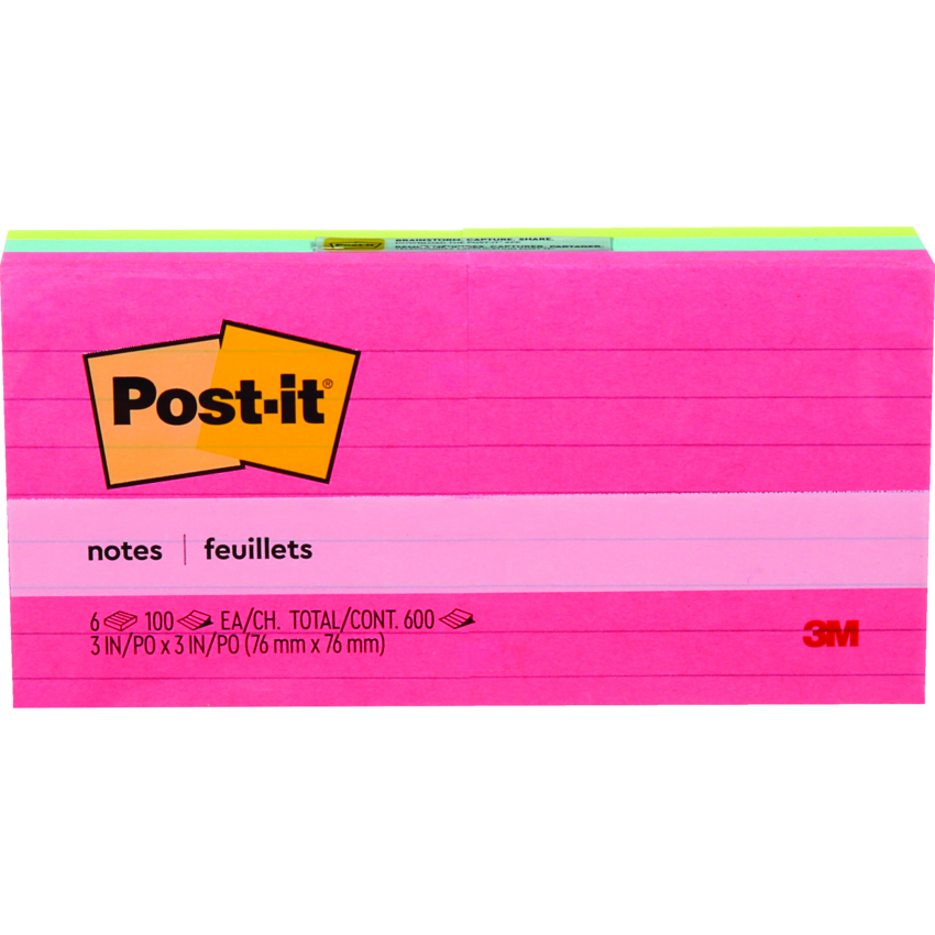 Post-it® Notes Lined 3" x 3" 100 sheets per pad Assorted Poptimistic Colours 6 pads/pkg