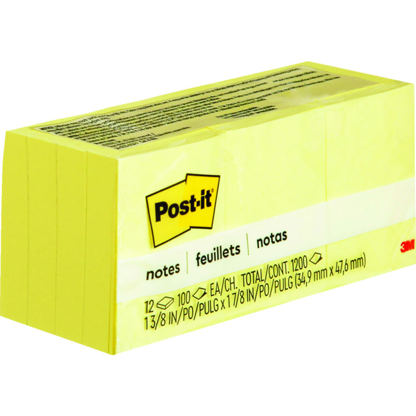 Post-it® Notes 1-1/2" x 2" 100 sheets per pad  Canary Yellow™ 12 pads/pkg
