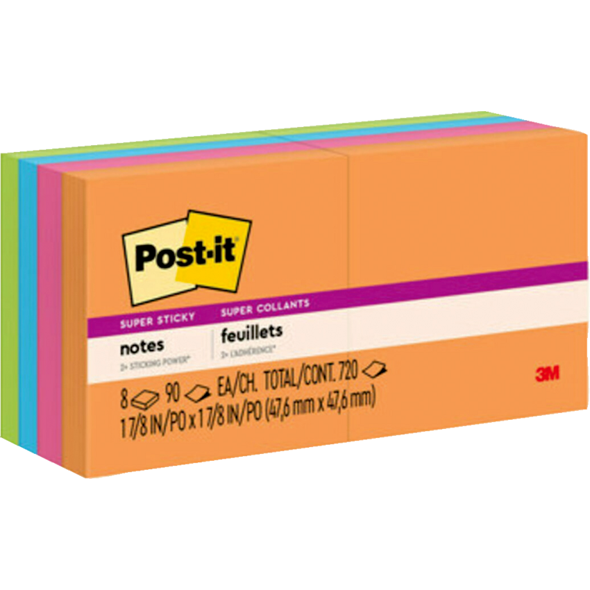 Post-it® Super Sticky Notes 2" x 2" 90 sheets per pad Assorted Rio De Janeiro Colours 8 pads/pkg