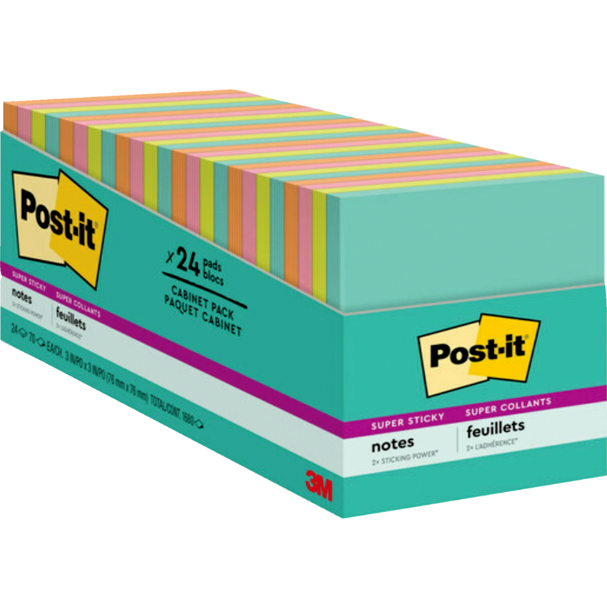 Post-it® Super Sticky Notes Cabinet Pack 3" x 3" 70 sheets per pad Assorted Supernova Colours 24 pads/pkg
