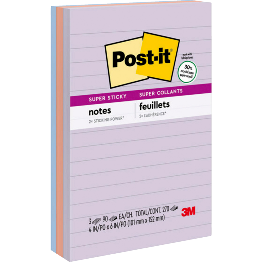 Post-it® Super Sticky Recycled Notes Lined 4" x 6" Lined 90 sheets per pad Assorted Wanderlust Pastel Colours 3 pads/pkg