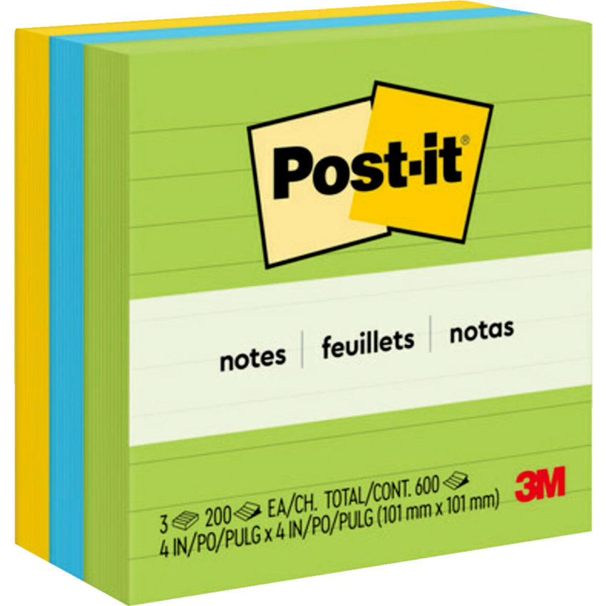 Post-it® Notes Lined 4" x 4" 200 sheets per pad Assorted Floral Fantasy Colours 3 pads/pkg