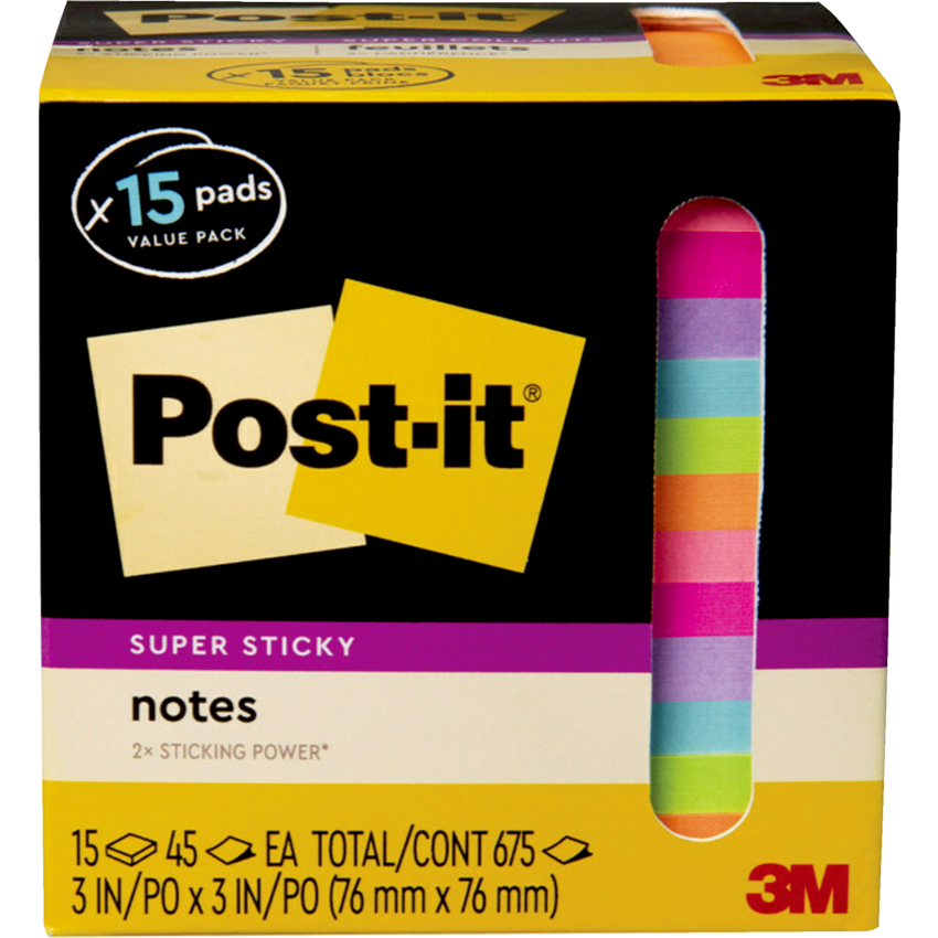 Post-it® Super Sticky Notes Mini Box 3" x 3" Assorted Bright Colours 15 pads/pkg