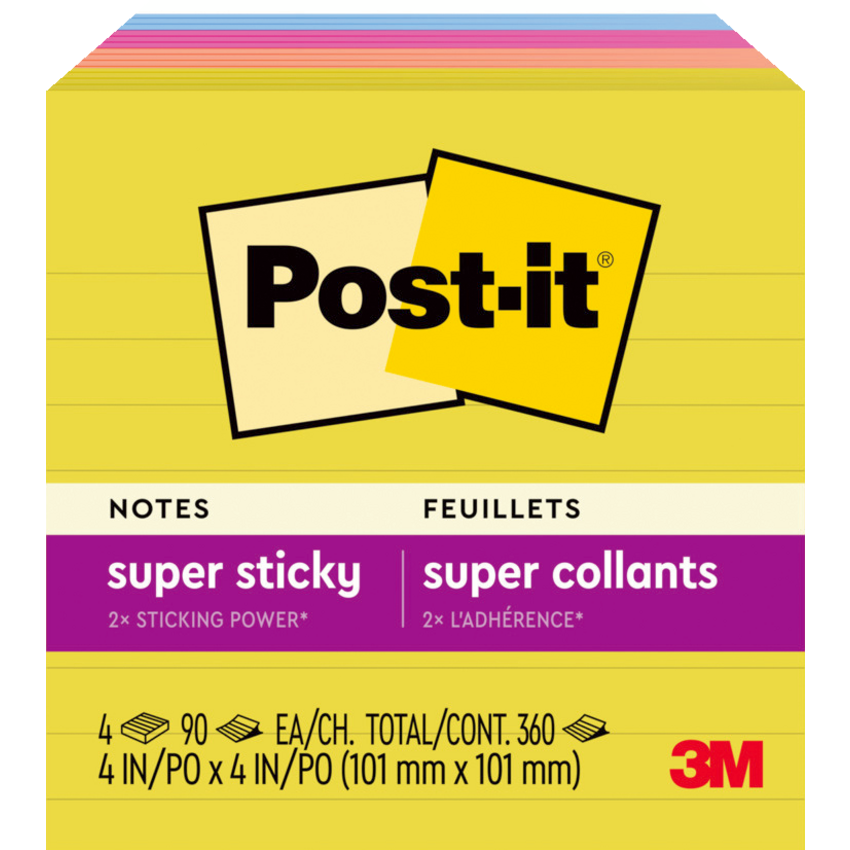 Post-it® Super Sticky Notes Lined 4" x 4" 90 sheets per pad Assorted Summer Joy Collection 4 pads/pkg