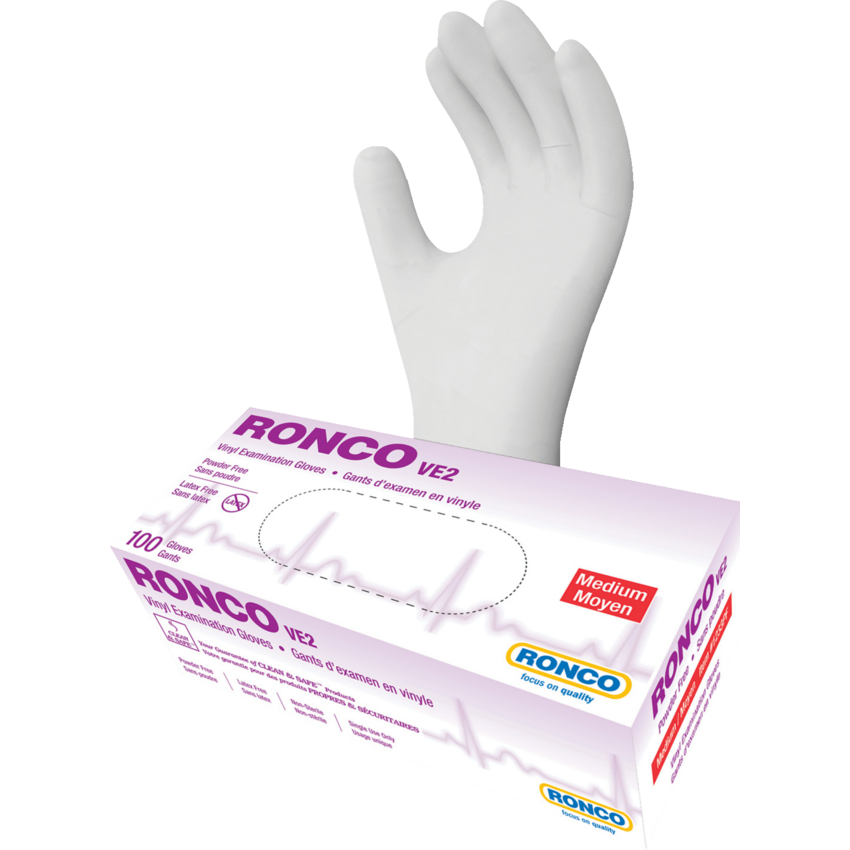 RONCO VE2 Examination Vinyl Gloves Medium Clear 100/box