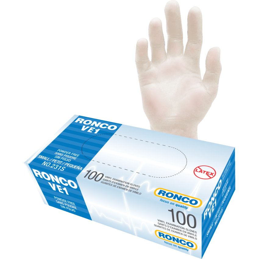 RONCO VE1 Examination Vinyl Gloves Small Clear 100/box