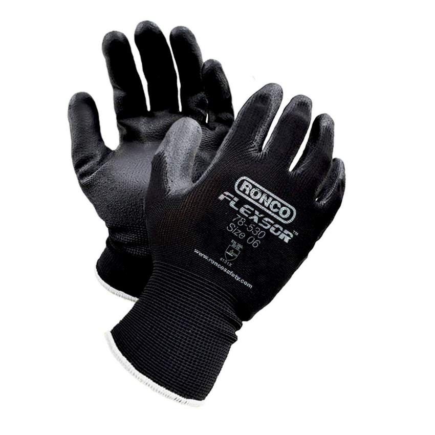 RONCO Flexsor™ Polyurethane Palm Coated Gloves Black on X-Small Black 12 pairs/pkg