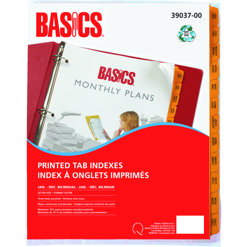 Basics® Printed Tab Indexes Jan-Dec Bilingual Letter Yellow