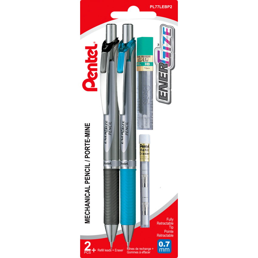 Pentel® EnerGize® Mechanical Pencils with Lead and Eraser Refills 0.7 mm Black and Sky Blue Barrel 2/pkg
