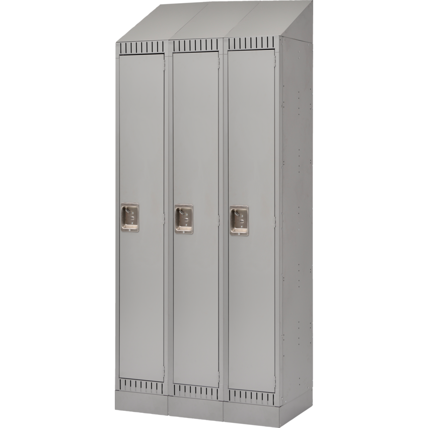 Kleton® RTA Steel Locker Single w/Slope Top & Recessed Base Bank of 3 Grey