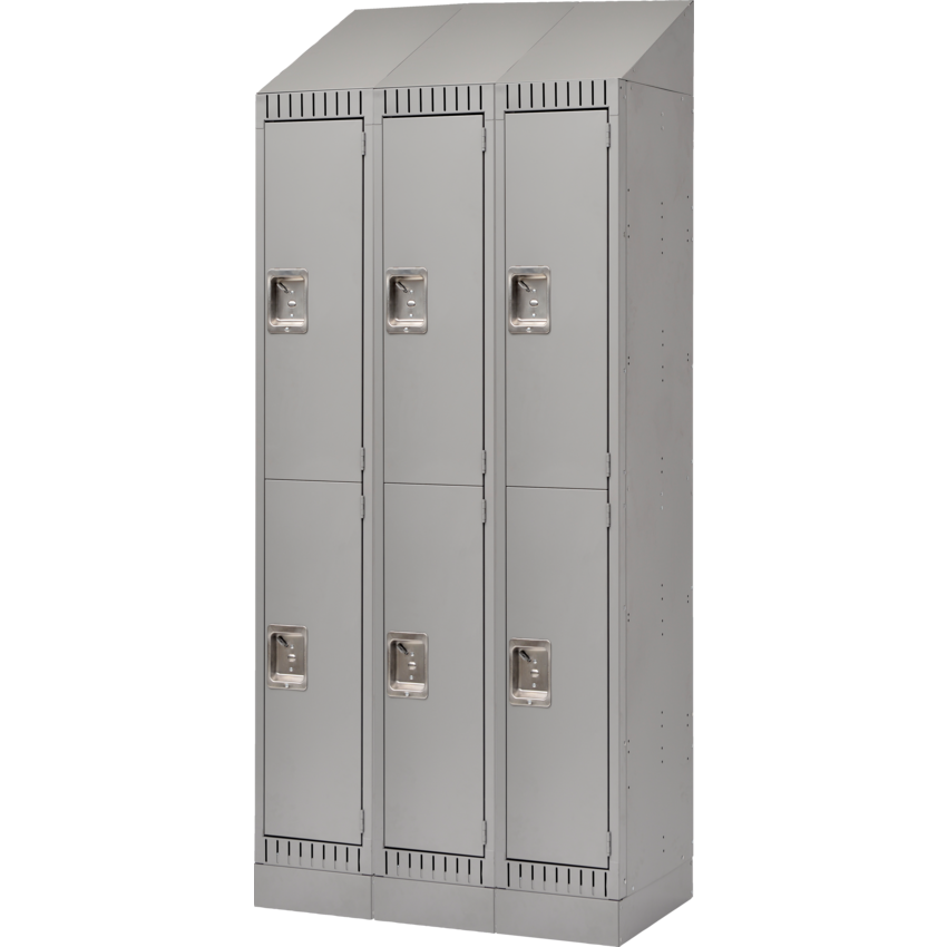 Kleton® RTA Steel Locker Double w/Slope Top & Recessed Base Bank of 3 Grey