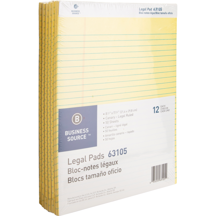 Business Source® Micro-Perforated Legal Ruled Pads 8-1/2" x 11-3/4" 16 lb 50 sheets per pad Canary 12 pads/pkg
