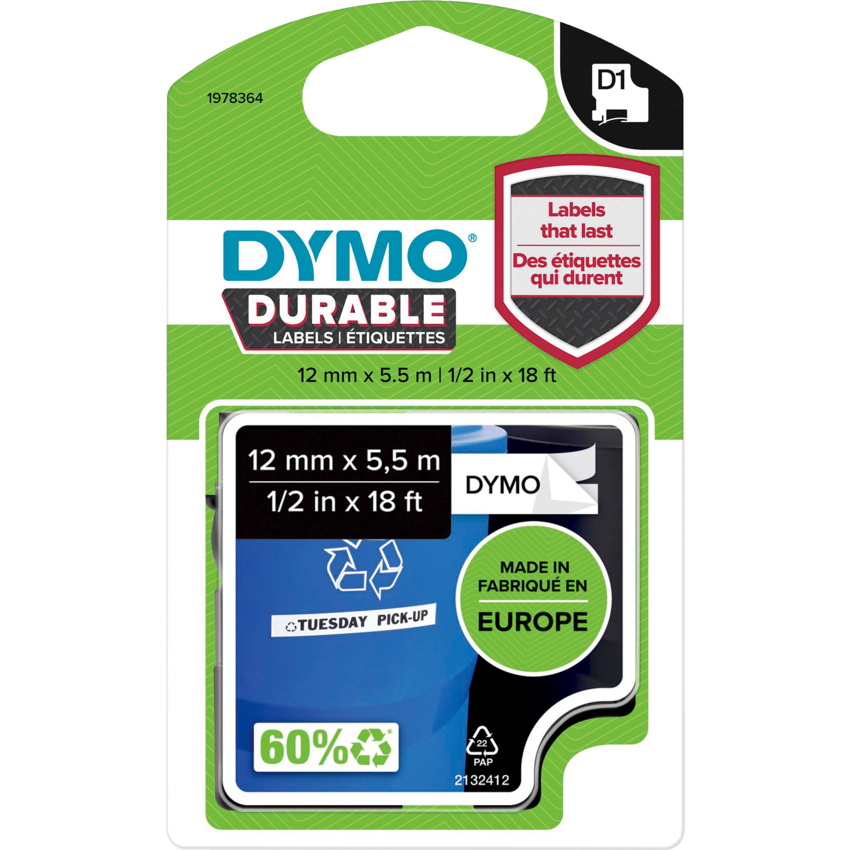 DYMO® D1™ Durable Polyester Replacement Tapes 1/2" Black on White