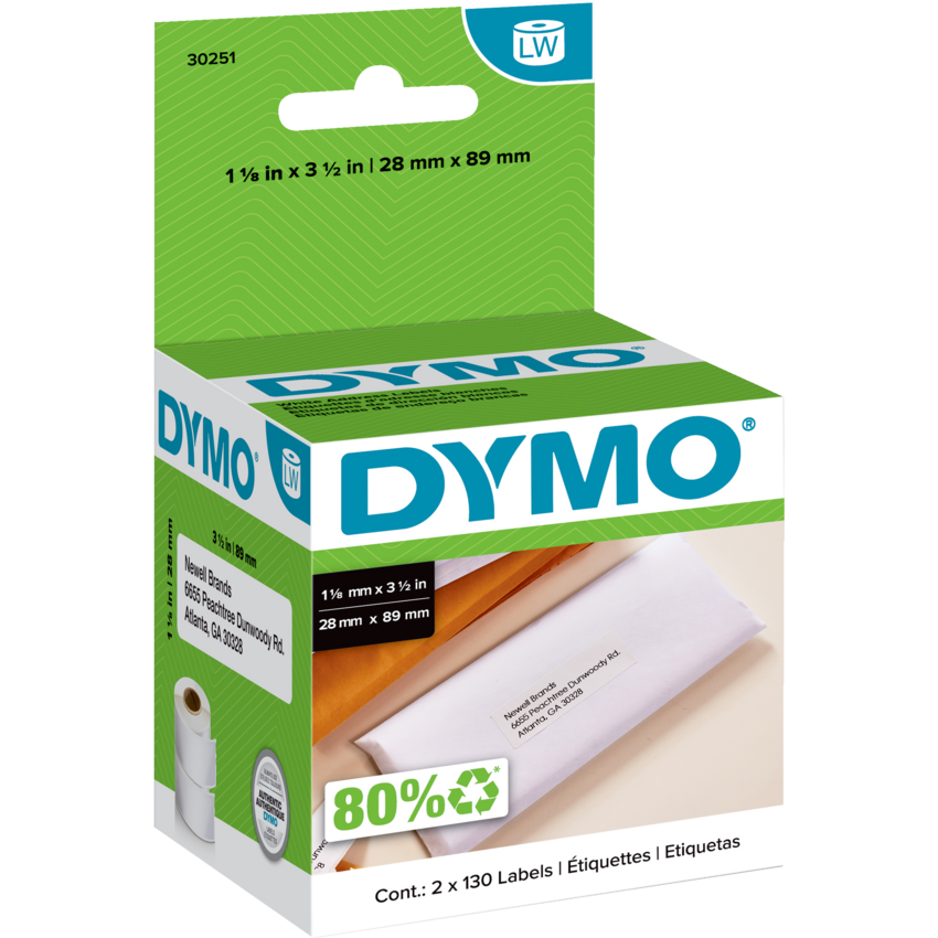 DYMO® LabelWriter® Standard Address Labels 1-1/8" x 3-1/2" White 130 Labels 2 rolls/box