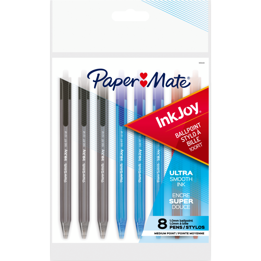 Paper Mate® InkJoy® 100 RT Retractable Ball Point Pens Medium Point Assorted Colours 8/pkg