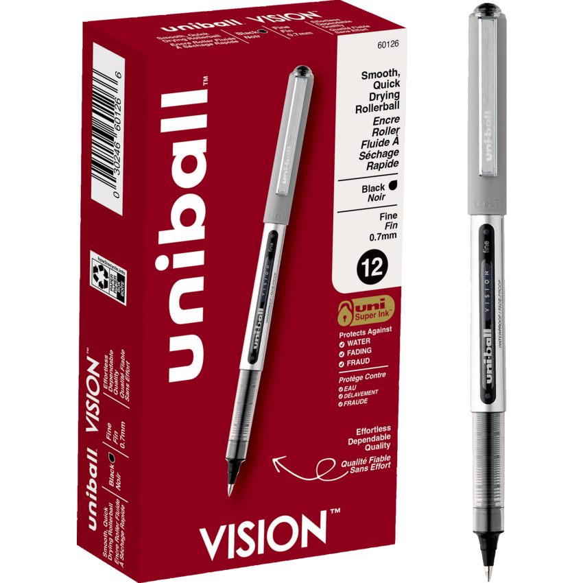 uni-ball® Vision™ Roller Pen 0.7 mm Black with Metallic Grey Barrel 12/box