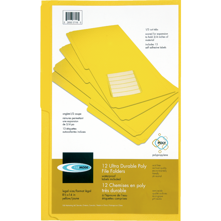 VLB File Mode Poly File Folders 1/2 Cut Legal Yellow 12/pkg