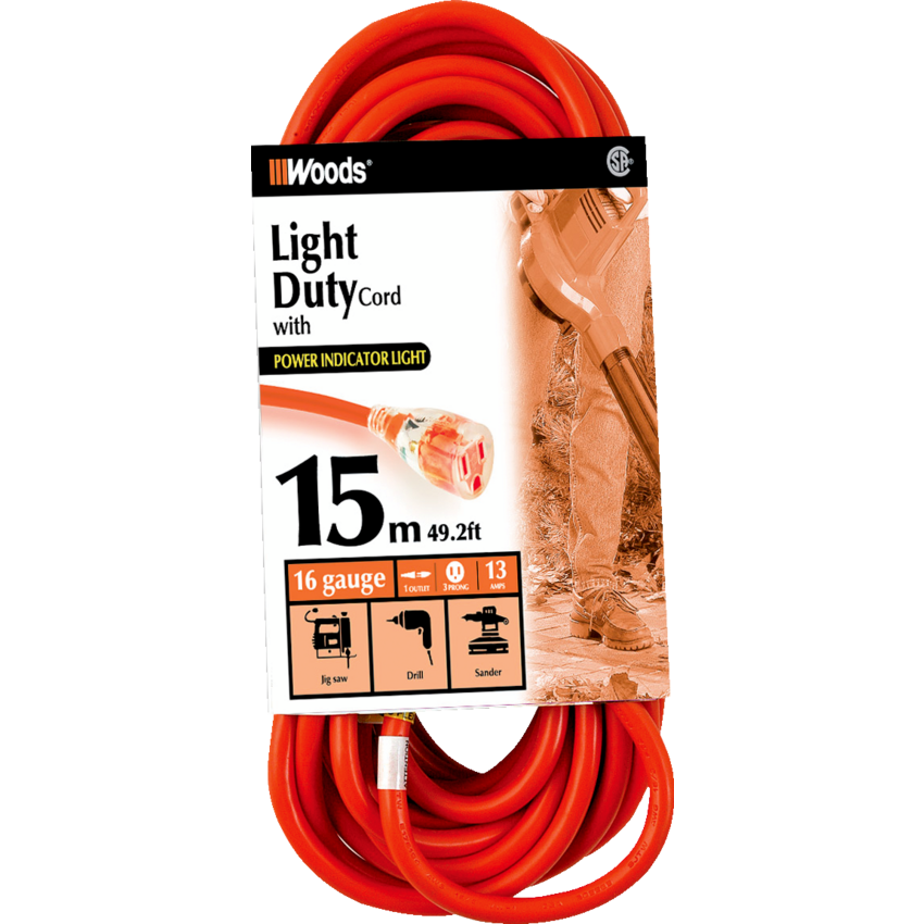 Woods® Light Duty Outdoor Extension Cord with Light Indicator 15 Metre