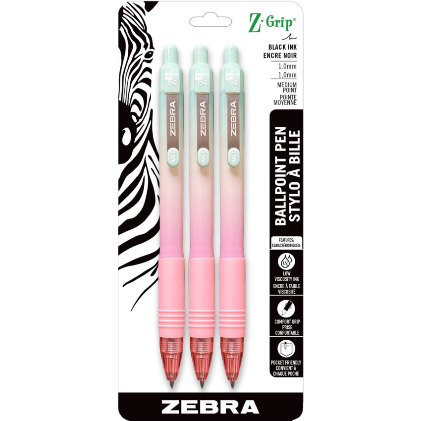 Zebra Z-Grip™ Pastel Retractable Ball Point Pens Medium Tip Blended Colours 3/pkg